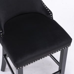 4x Velvet Upholstered Button Tufted Bar Stools | with Wood Legs and Studs | Black