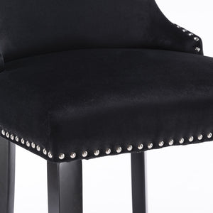 2x Velvet Upholstered Button Tufted Bar Stools | with Wood Legs and Studs | Black