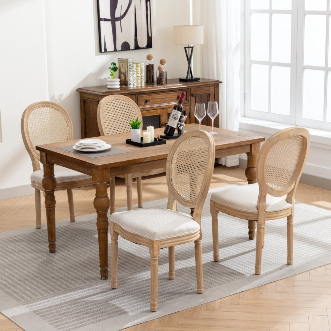 AADEN 4x Rattan Dining Chairs | Solid Wood Legs | Beige