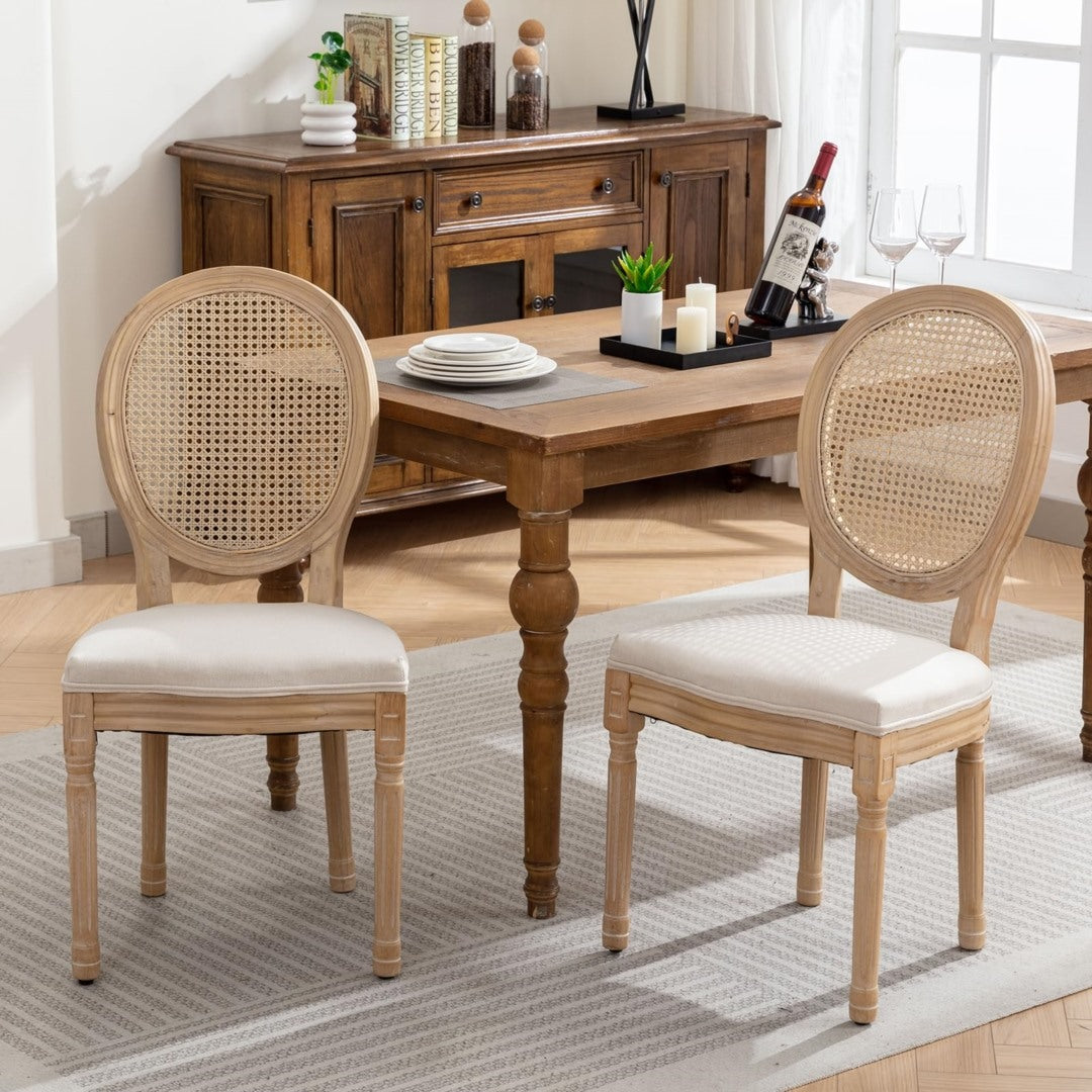 AADEN 4x Rattan Dining Chairs | Solid Wood Legs | Beige