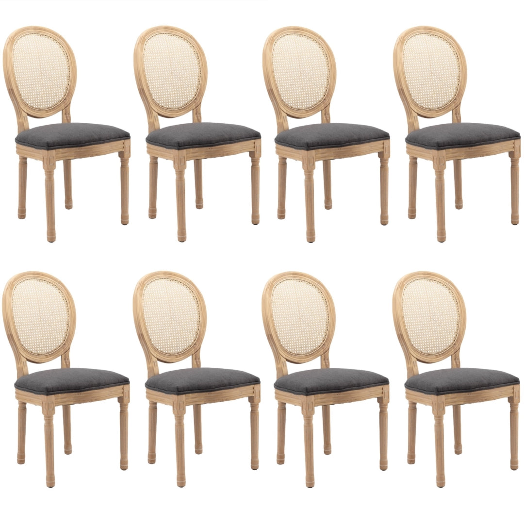 AADEN Set of 8 Rattan Dining Chairs | Solid Wood Legs | Grey
