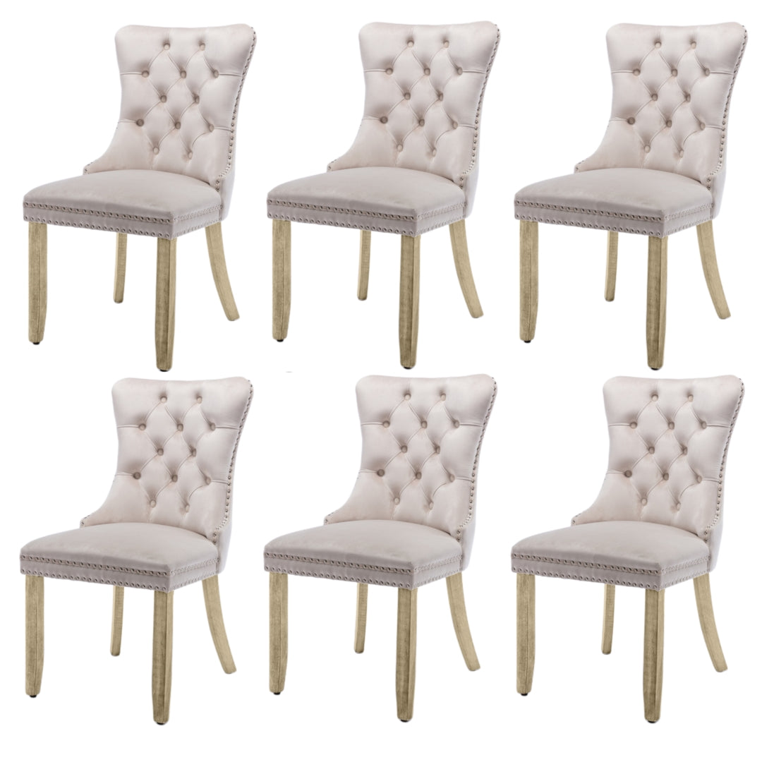 6x Velvet Dining Chairs | Upholstered Tufted Kitchen Chair | Solid Wood Legs | Stud Trim & Ring | Beige