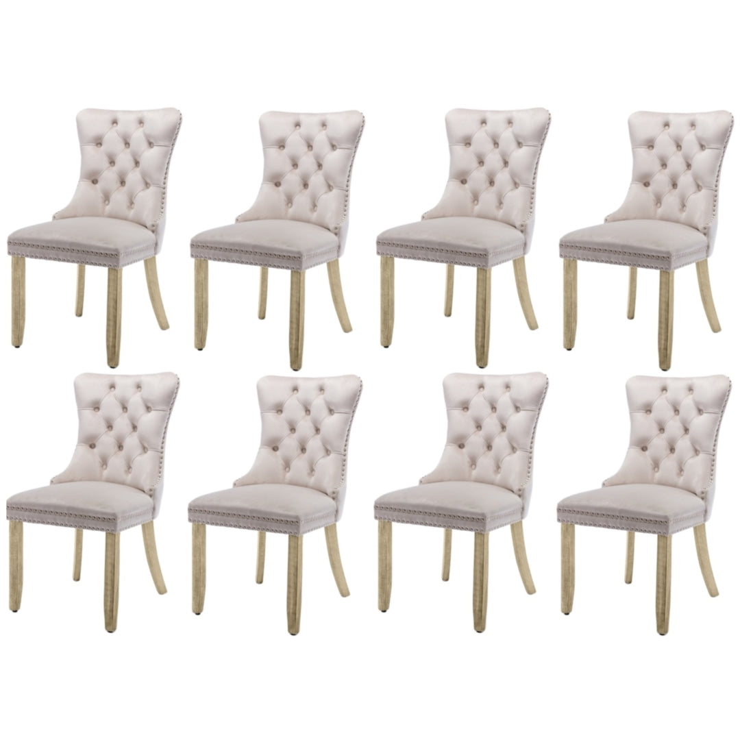8x Velvet Dining Chairs | Upholstered Tufted Kitchen Chair | Solid Wood Legs | Stud Trim & Ring | Beige