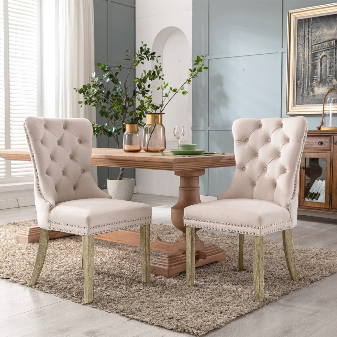 8x Velvet Dining Chairs | Upholstered Tufted Kitchen Chair | Solid Wood Legs | Stud Trim & Ring | Beige