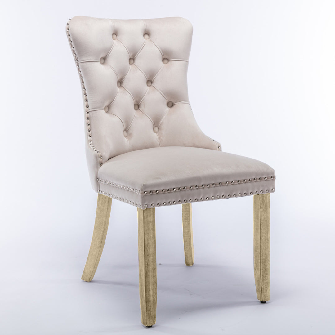 8x Velvet Dining Chairs | Upholstered Tufted Kitchen Chair | Solid Wood Legs | Stud Trim & Ring | Beige