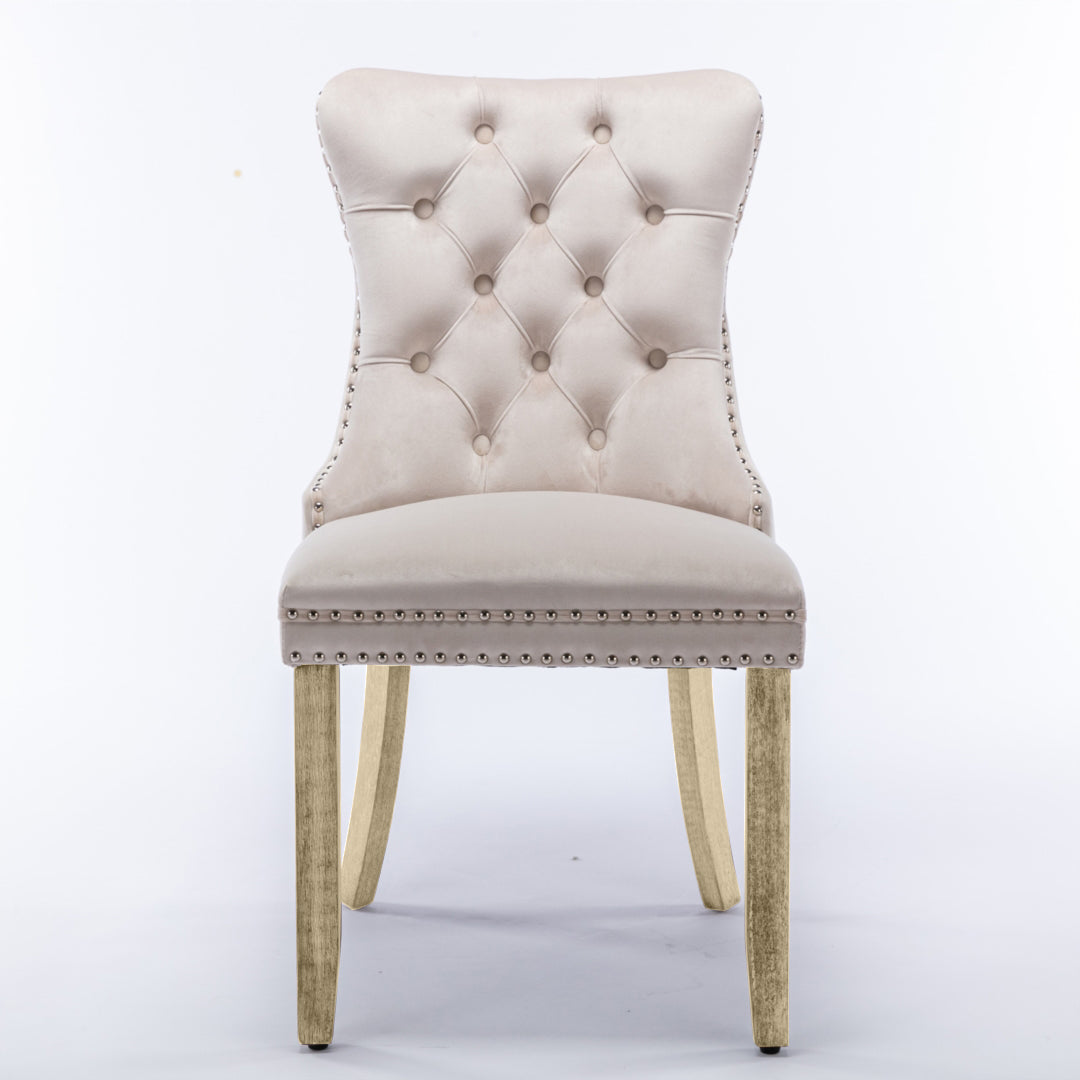 8x Velvet Dining Chairs | Upholstered Tufted Kitchen Chair | Solid Wood Legs | Stud Trim & Ring | Beige