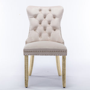 8x Velvet Dining Chairs | Upholstered Tufted Kitchen Chair | Solid Wood Legs | Stud Trim & Ring | Beige
