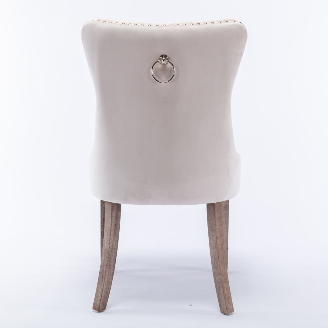 8x Velvet Dining Chairs | Upholstered Tufted Kitchen Chair | Solid Wood Legs | Stud Trim & Ring | Beige