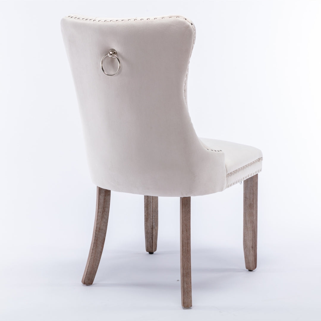 8x Velvet Dining Chairs | Upholstered Tufted Kitchen Chair | Solid Wood Legs | Stud Trim & Ring | Beige