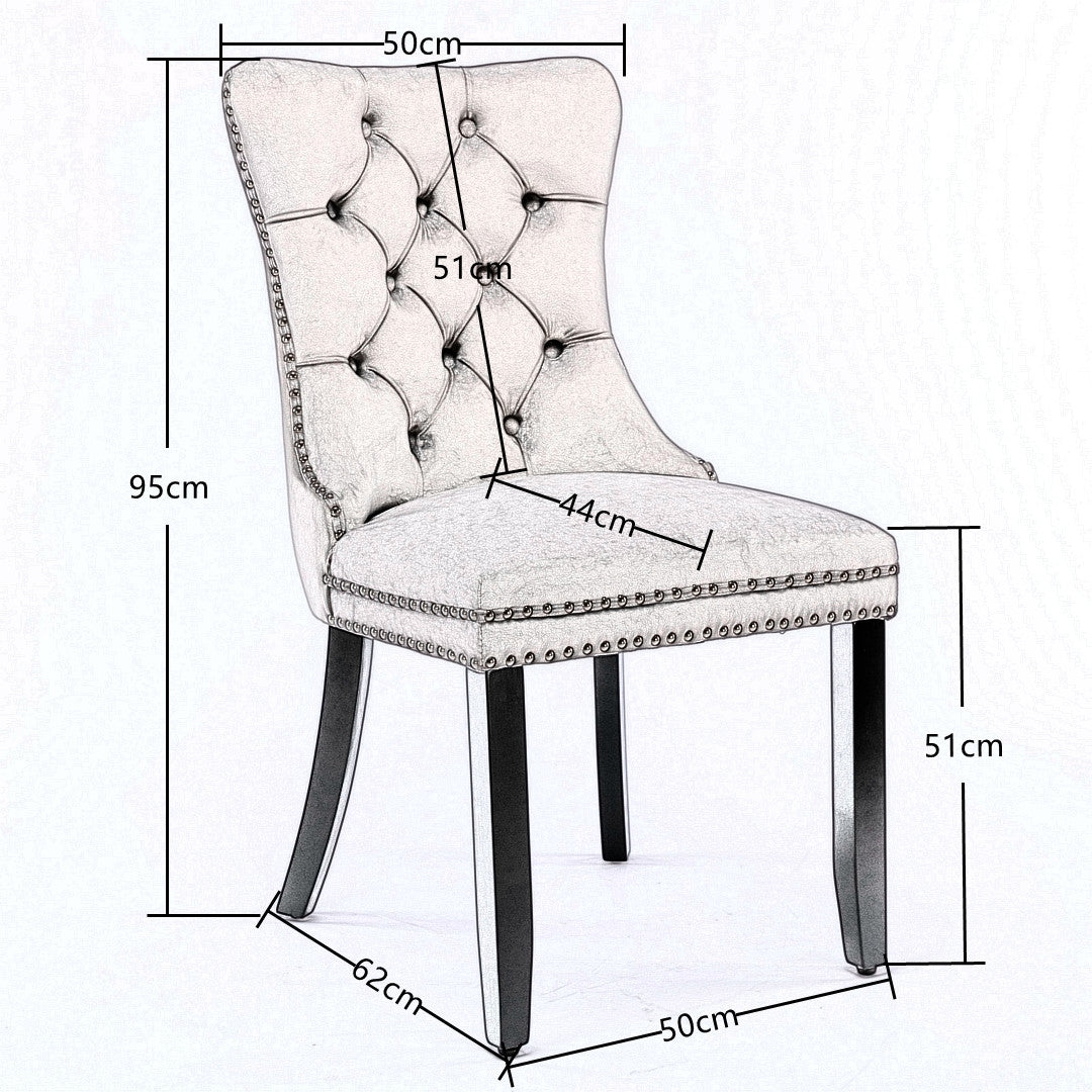 8x Velvet Dining Chairs | Upholstered Tufted Kitchen Chair | Solid Wood Legs | Stud Trim & Ring | Beige