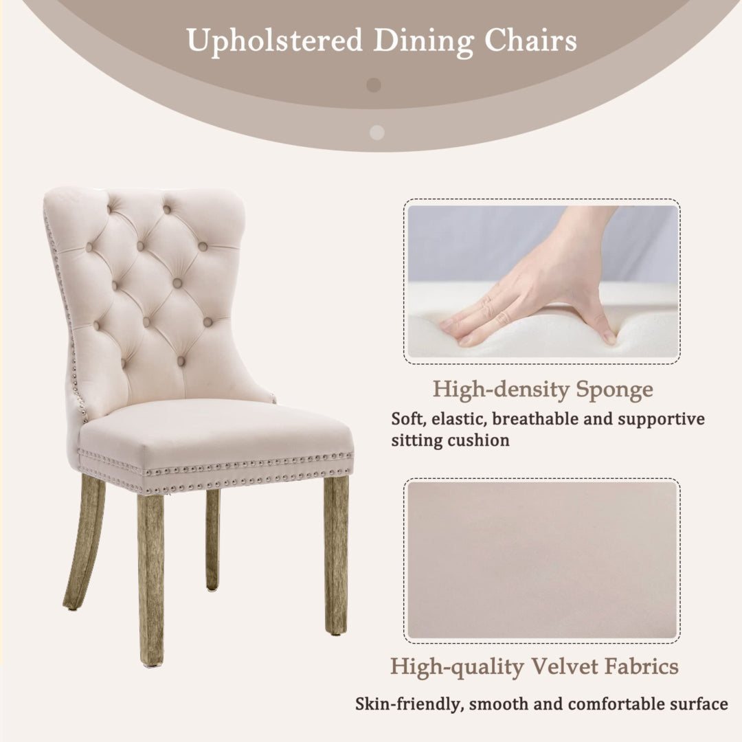 8x Velvet Dining Chairs | Upholstered Tufted Kitchen Chair | Solid Wood Legs | Stud Trim & Ring | Beige