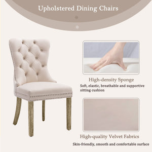 8x Velvet Dining Chairs | Upholstered Tufted Kitchen Chair | Solid Wood Legs | Stud Trim & Ring | Beige