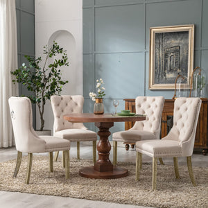8x Velvet Dining Chairs | Upholstered Tufted Kitchen Chair | Solid Wood Legs | Stud Trim & Ring | Beige
