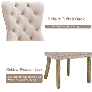8x Velvet Dining Chairs | Upholstered Tufted Kitchen Chair | Solid Wood Legs | Stud Trim & Ring | Beige
