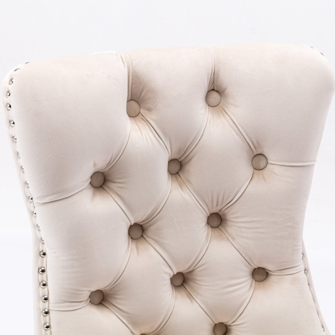 8x Velvet Dining Chairs | Upholstered Tufted Kitchen Chair | Solid Wood Legs | Stud Trim & Ring | Beige