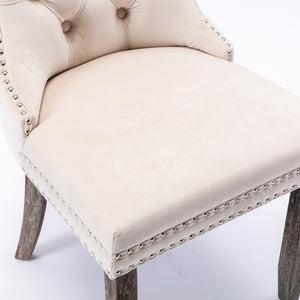 8x Velvet Dining Chairs | Upholstered Tufted Kitchen Chair | Solid Wood Legs | Stud Trim & Ring | Beige