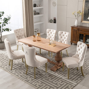 8x Velvet Dining Chairs | Upholstered Tufted Kitchen Chair | Solid Wood Legs | Stud Trim & Ring | Beige