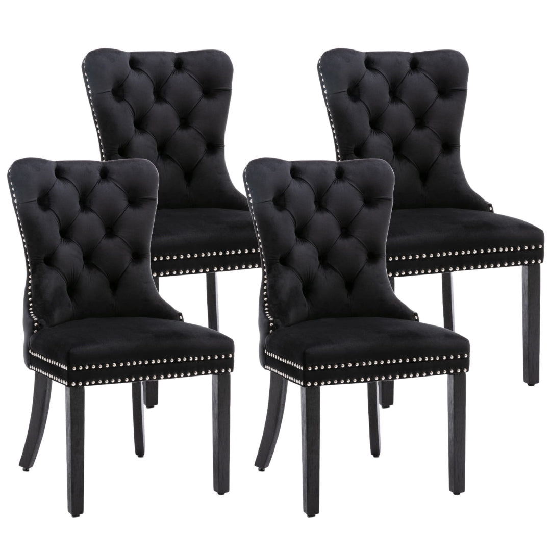 4x Velvet Dining Chairs | Upholstered Tufted Kitchen Chair | Solid Wood Legs | Stud Trim & Ring | Black