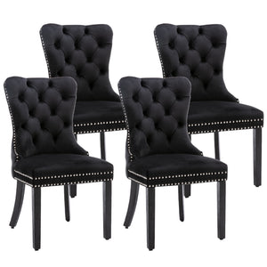 4x Velvet Dining Chairs | Upholstered Tufted Kitchen Chair | Solid Wood Legs | Stud Trim & Ring | Black