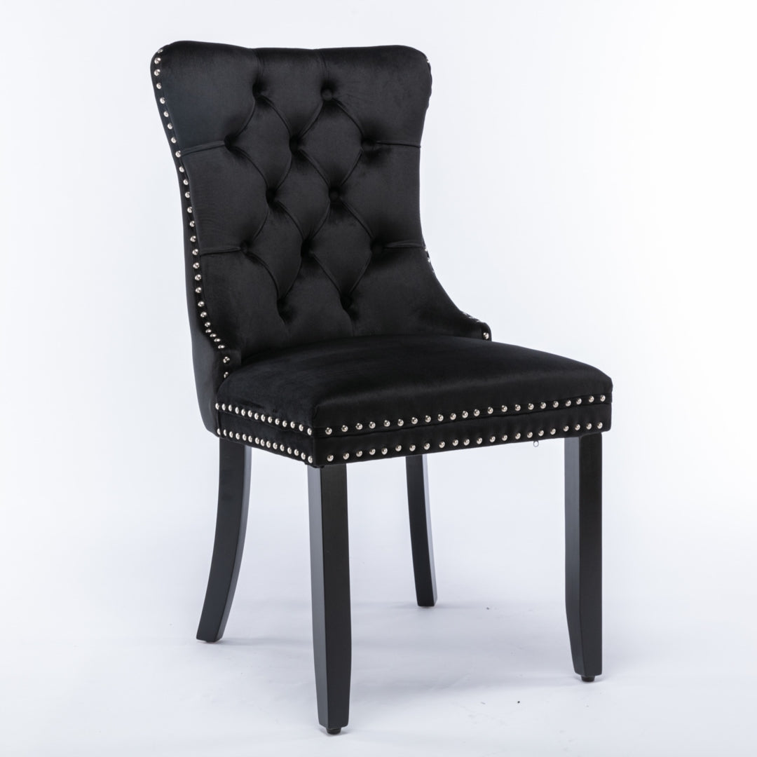 4x Velvet Dining Chairs | Upholstered Tufted Kitchen Chair | Solid Wood Legs | Stud Trim & Ring | Black