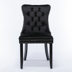 4x Velvet Dining Chairs | Upholstered Tufted Kitchen Chair | Solid Wood Legs | Stud Trim & Ring | Black