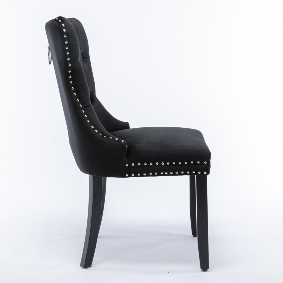 4x Velvet Dining Chairs | Upholstered Tufted Kitchen Chair | Solid Wood Legs | Stud Trim & Ring | Black