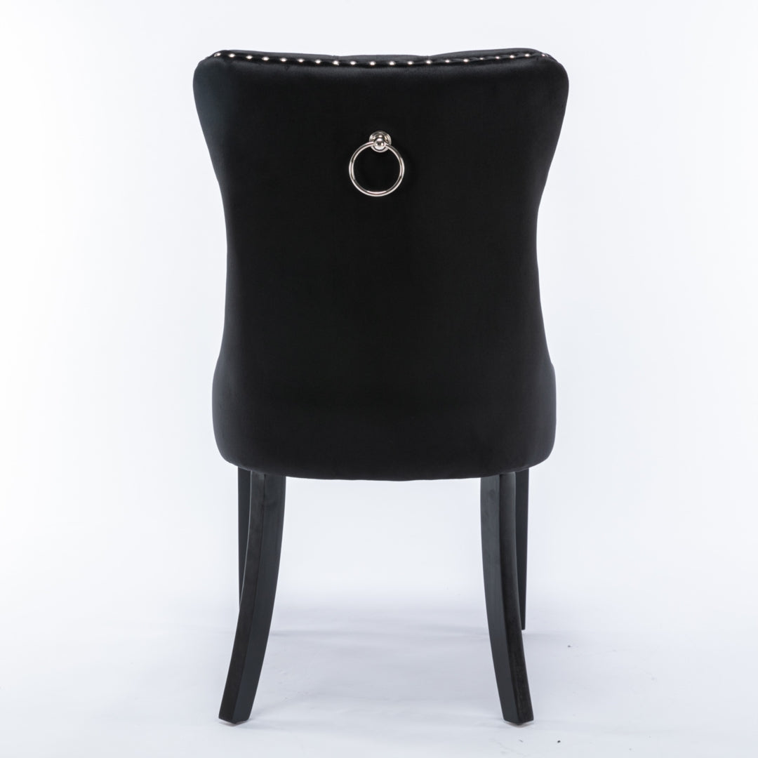 4x Velvet Dining Chairs | Upholstered Tufted Kitchen Chair | Solid Wood Legs | Stud Trim & Ring | Black