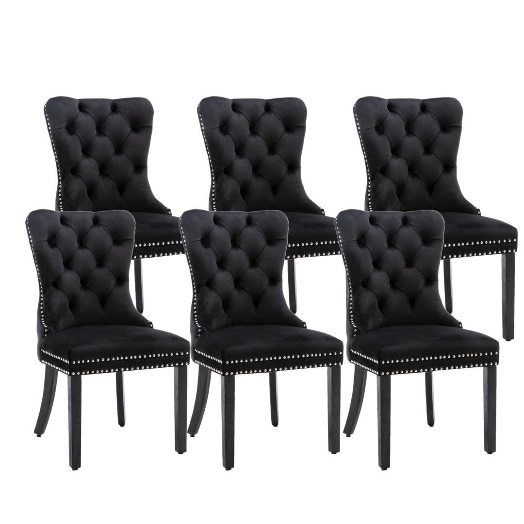 6x Velvet Dining Chairs | Upholstered Tufted Kitchen Chair | Solid Wood Legs | Stud Trim & Ring | Black