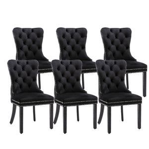 6x Velvet Dining Chairs | Upholstered Tufted Kitchen Chair | Solid Wood Legs | Stud Trim & Ring | Black