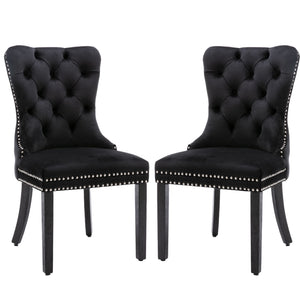 6x Velvet Dining Chairs | Upholstered Tufted Kitchen Chair | Solid Wood Legs | Stud Trim & Ring | Black