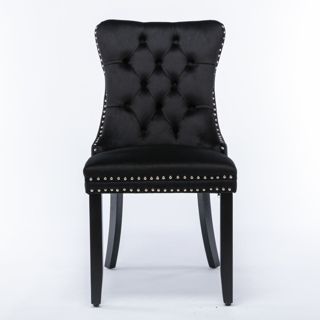 6x Velvet Dining Chairs | Upholstered Tufted Kitchen Chair | Solid Wood Legs | Stud Trim & Ring | Black