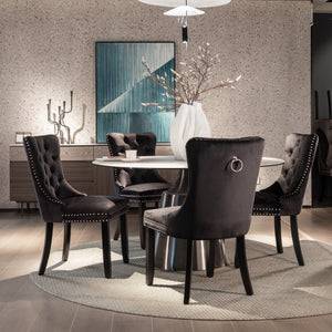 6x Velvet Dining Chairs | Upholstered Tufted Kitchen Chair | Solid Wood Legs | Stud Trim & Ring | Black