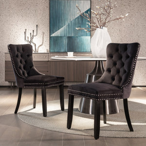 6x Velvet Dining Chairs | Upholstered Tufted Kitchen Chair | Solid Wood Legs | Stud Trim & Ring | Black