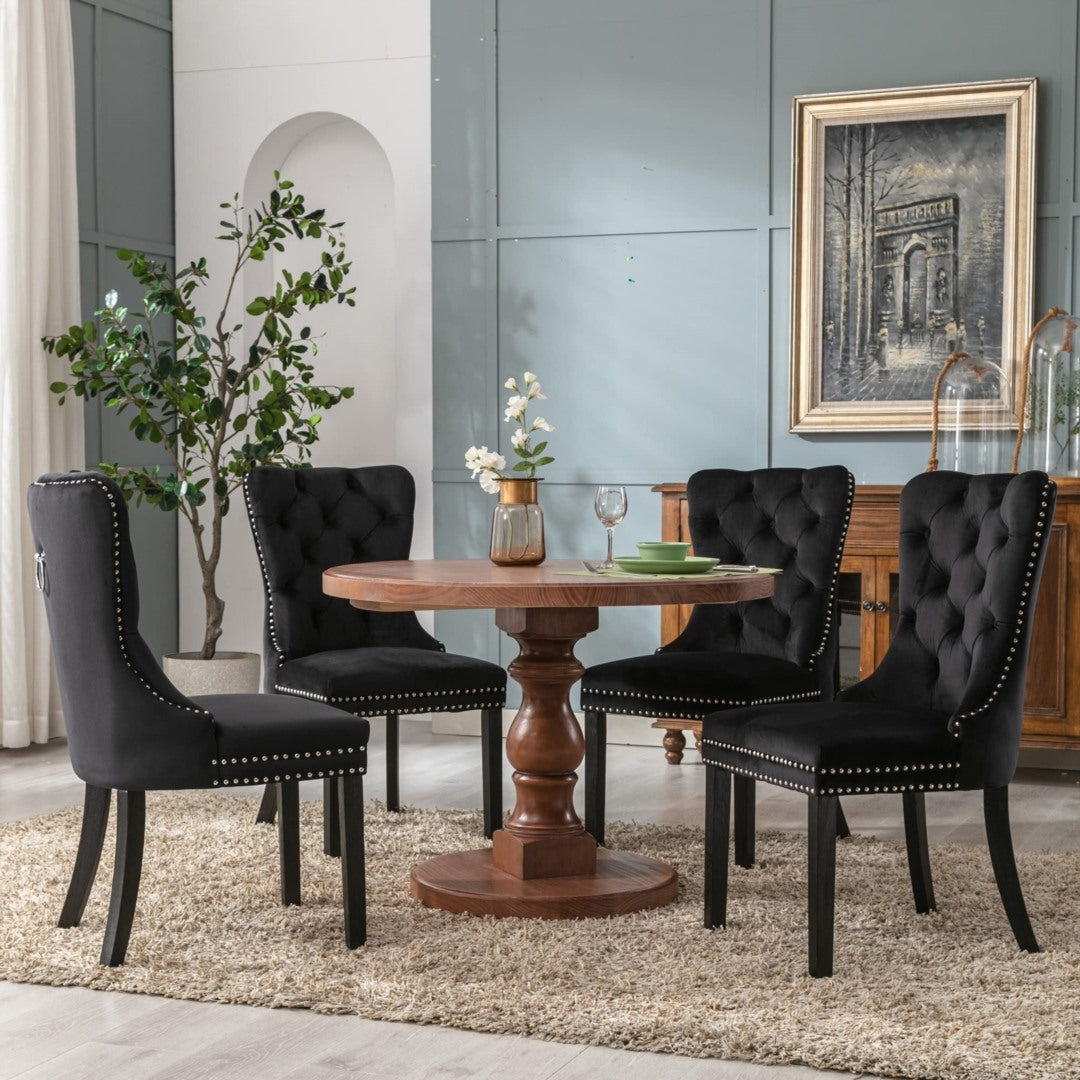 6x Velvet Dining Chairs | Upholstered Tufted Kitchen Chair | Solid Wood Legs | Stud Trim & Ring | Black