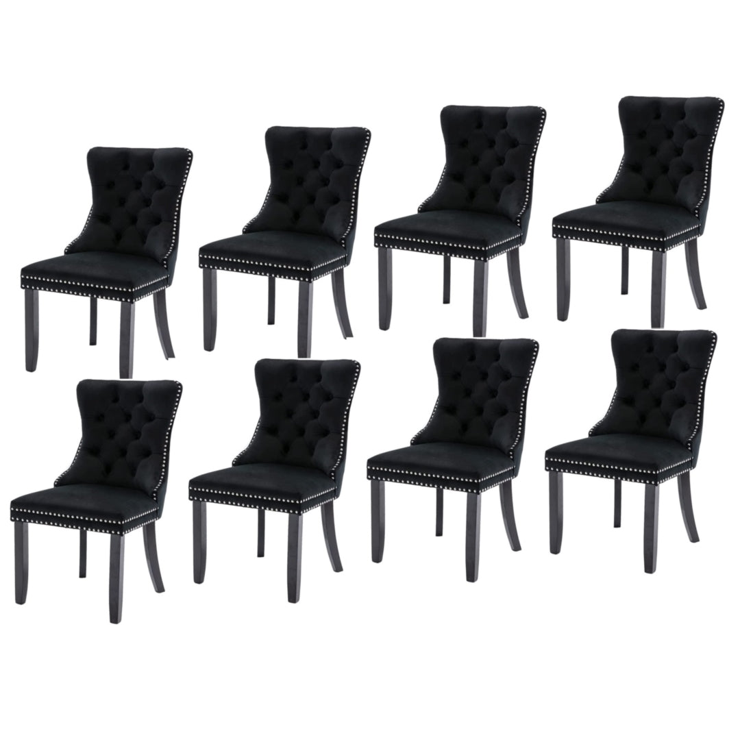 8x Velvet Dining Chairs | Upholstered Tufted Kitchen Chair | Solid Wood Legs | Stud Trim & Ring | Black