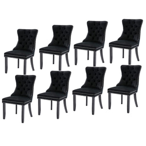 8x Velvet Dining Chairs | Upholstered Tufted Kitchen Chair | Solid Wood Legs | Stud Trim & Ring | Black