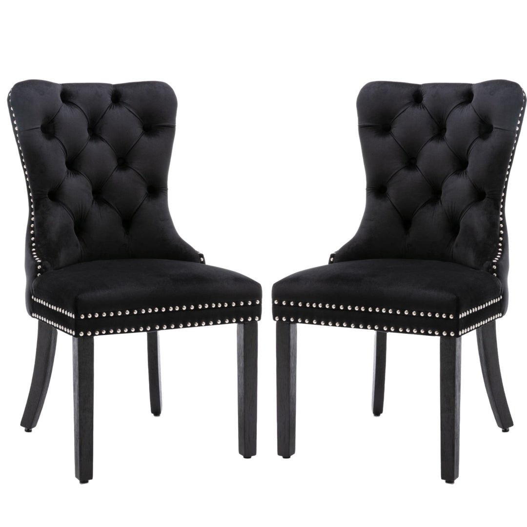 8x Velvet Dining Chairs | Upholstered Tufted Kitchen Chair | Solid Wood Legs | Stud Trim & Ring | Black