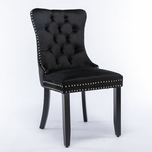 8x Velvet Dining Chairs | Upholstered Tufted Kitchen Chair | Solid Wood Legs | Stud Trim & Ring | Black