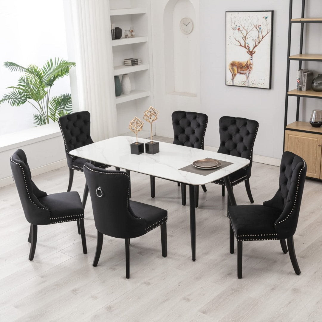 8x Velvet Dining Chairs | Upholstered Tufted Kitchen Chair | Solid Wood Legs | Stud Trim & Ring | Black