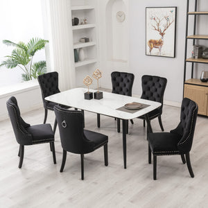 8x Velvet Dining Chairs | Upholstered Tufted Kitchen Chair | Solid Wood Legs | Stud Trim & Ring | Black