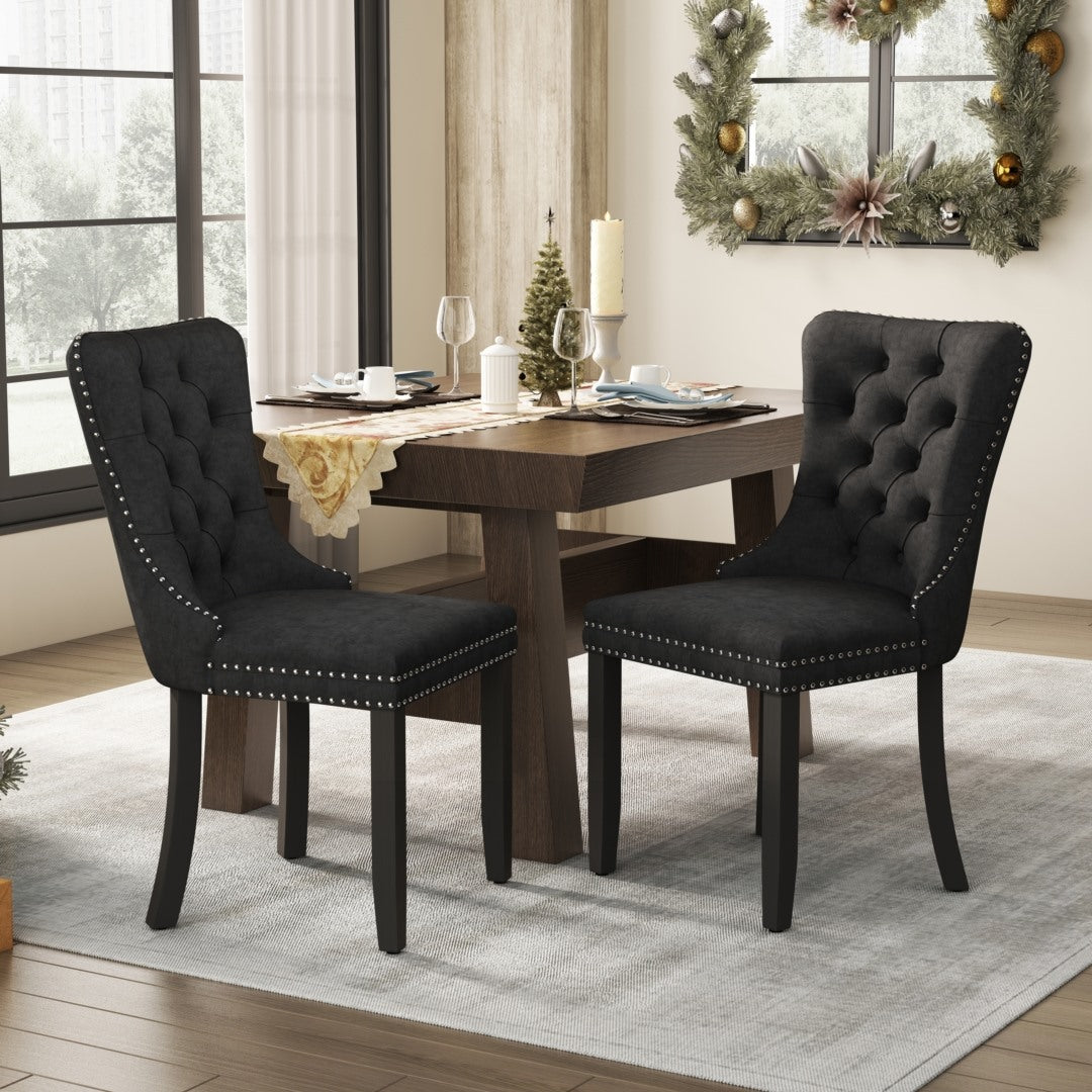 8x Velvet Dining Chairs | Upholstered Tufted Kitchen Chair | Solid Wood Legs | Stud Trim & Ring | Black