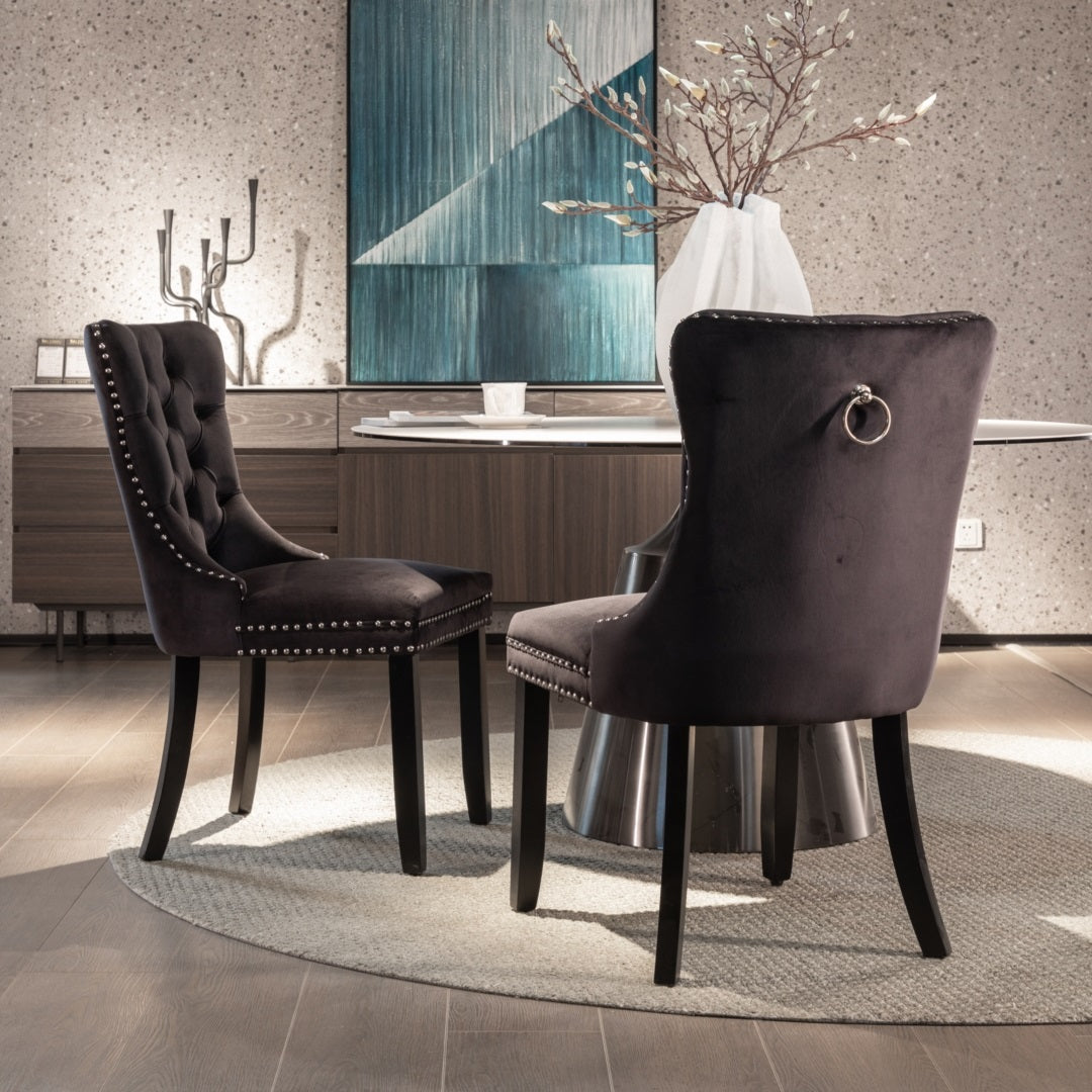 8x Velvet Dining Chairs | Upholstered Tufted Kitchen Chair | Solid Wood Legs | Stud Trim & Ring | Black