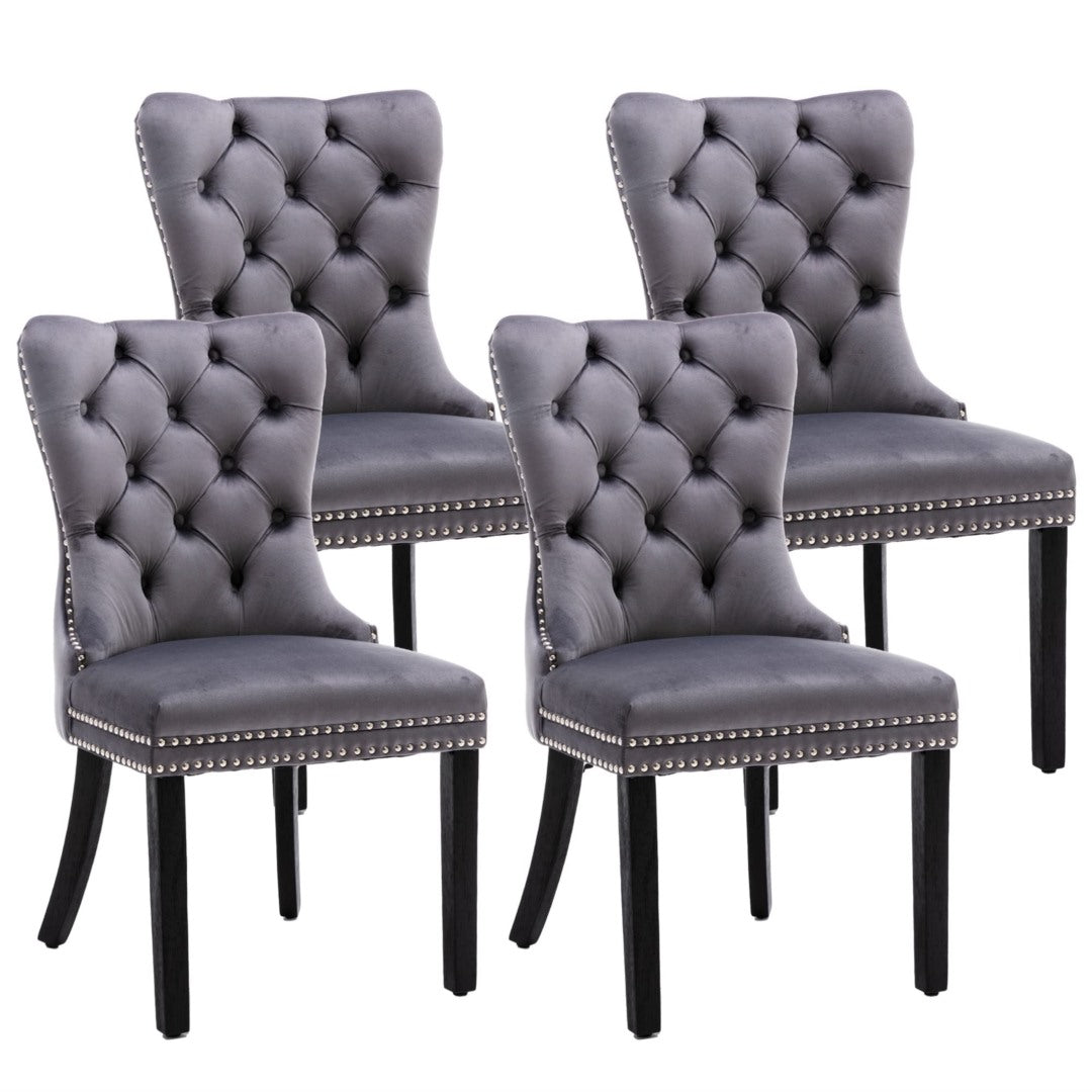 4x Velvet Dining Chairs | Upholstered Tufted Kitchen Chair | Solid Wood Legs | Stud Trim & Ring | Gray