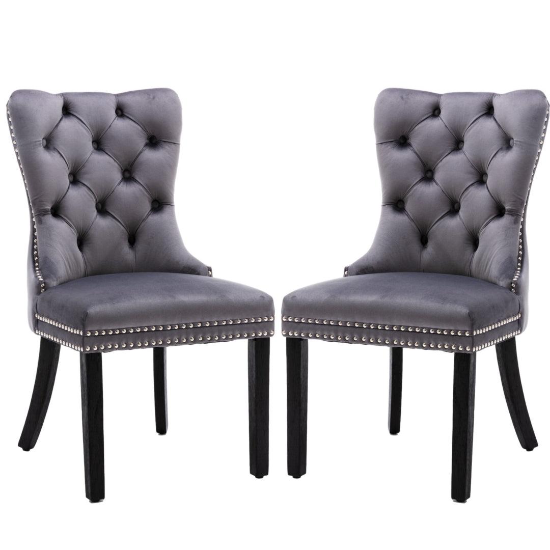 4x Velvet Dining Chairs | Upholstered Tufted Kitchen Chair | Solid Wood Legs | Stud Trim & Ring | Gray