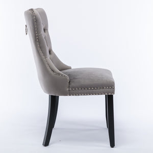 4x Velvet Dining Chairs | Upholstered Tufted Kitchen Chair | Solid Wood Legs | Stud Trim & Ring | Gray