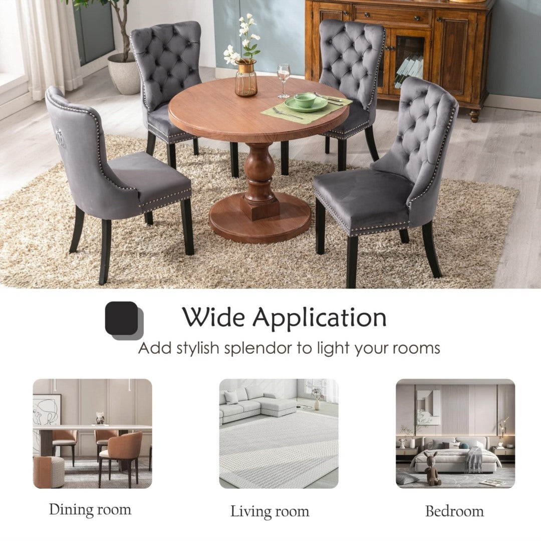 4x Velvet Dining Chairs | Upholstered Tufted Kitchen Chair | Solid Wood Legs | Stud Trim & Ring | Gray