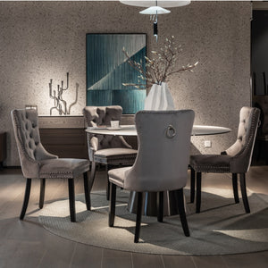 4x Velvet Dining Chairs | Upholstered Tufted Kitchen Chair | Solid Wood Legs | Stud Trim & Ring | Gray