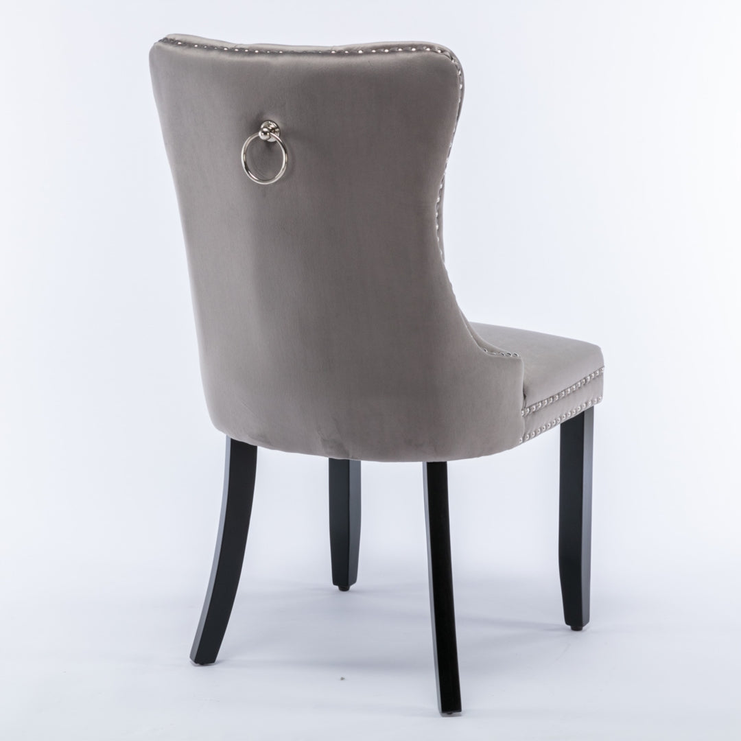 4x Velvet Dining Chairs | Upholstered Tufted Kitchen Chair | Solid Wood Legs | Stud Trim & Ring | Gray
