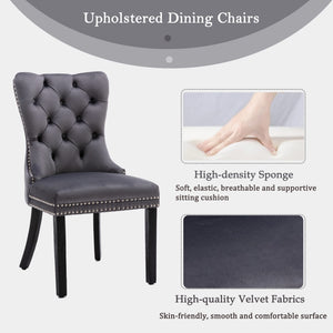 4x Velvet Dining Chairs | Upholstered Tufted Kitchen Chair | Solid Wood Legs | Stud Trim & Ring | Gray