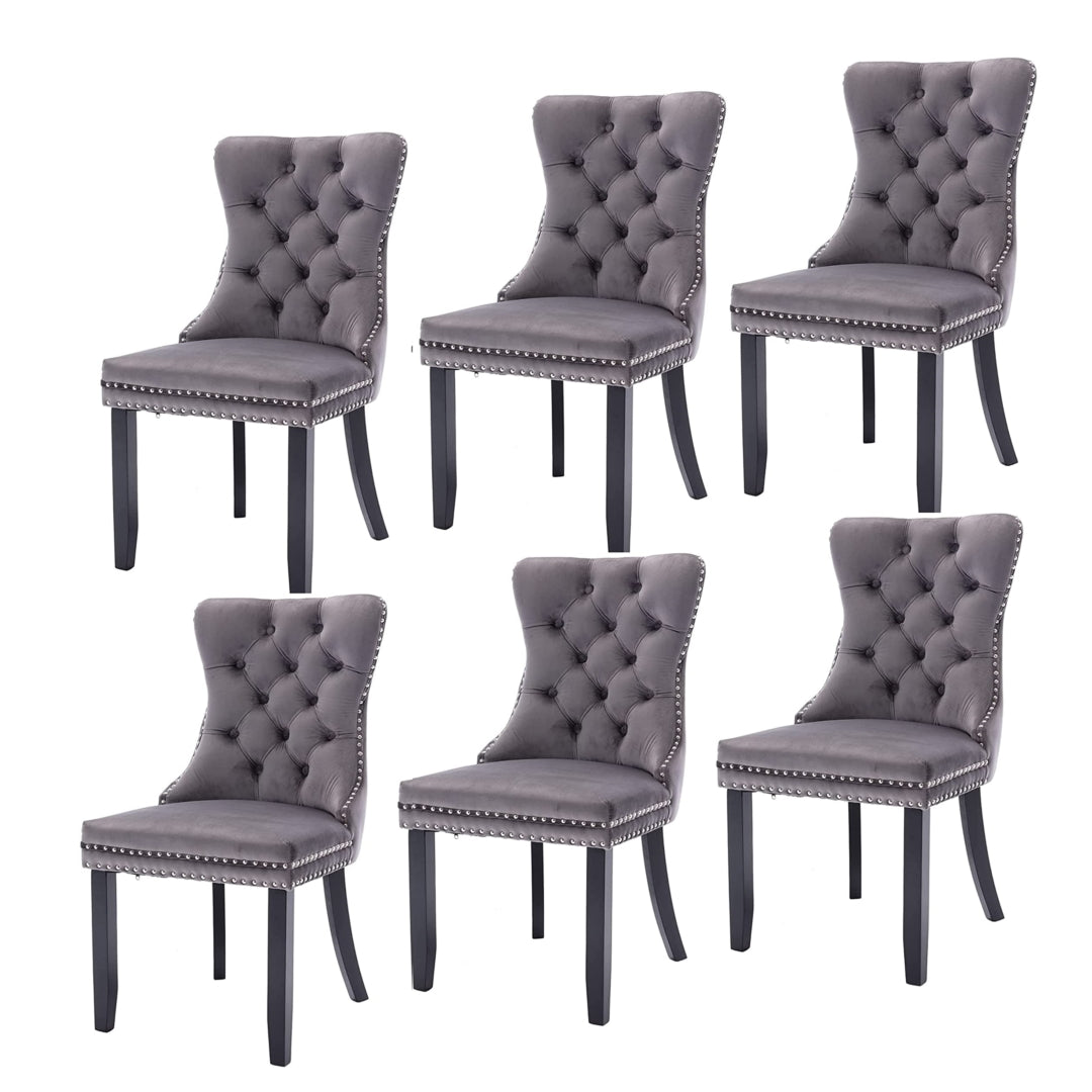 6x Velvet Dining Chairs | Upholstered Tufted Kitchen Chair | Solid Wood Legs | Stud Trim & Ring | Gray